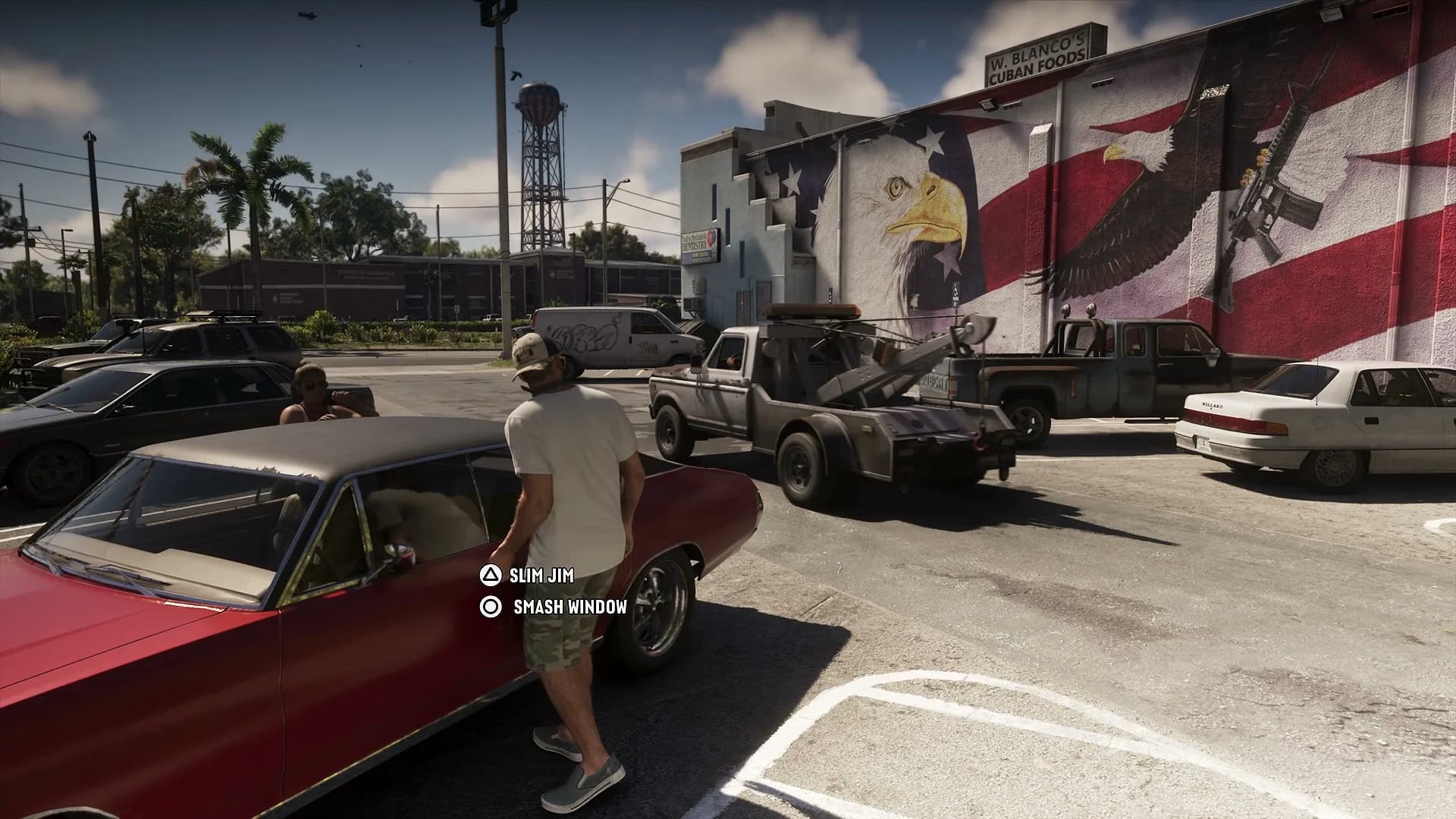 Jason at a red classic car, choosing between Slim Jim and Smash Window, a tow truck behind.