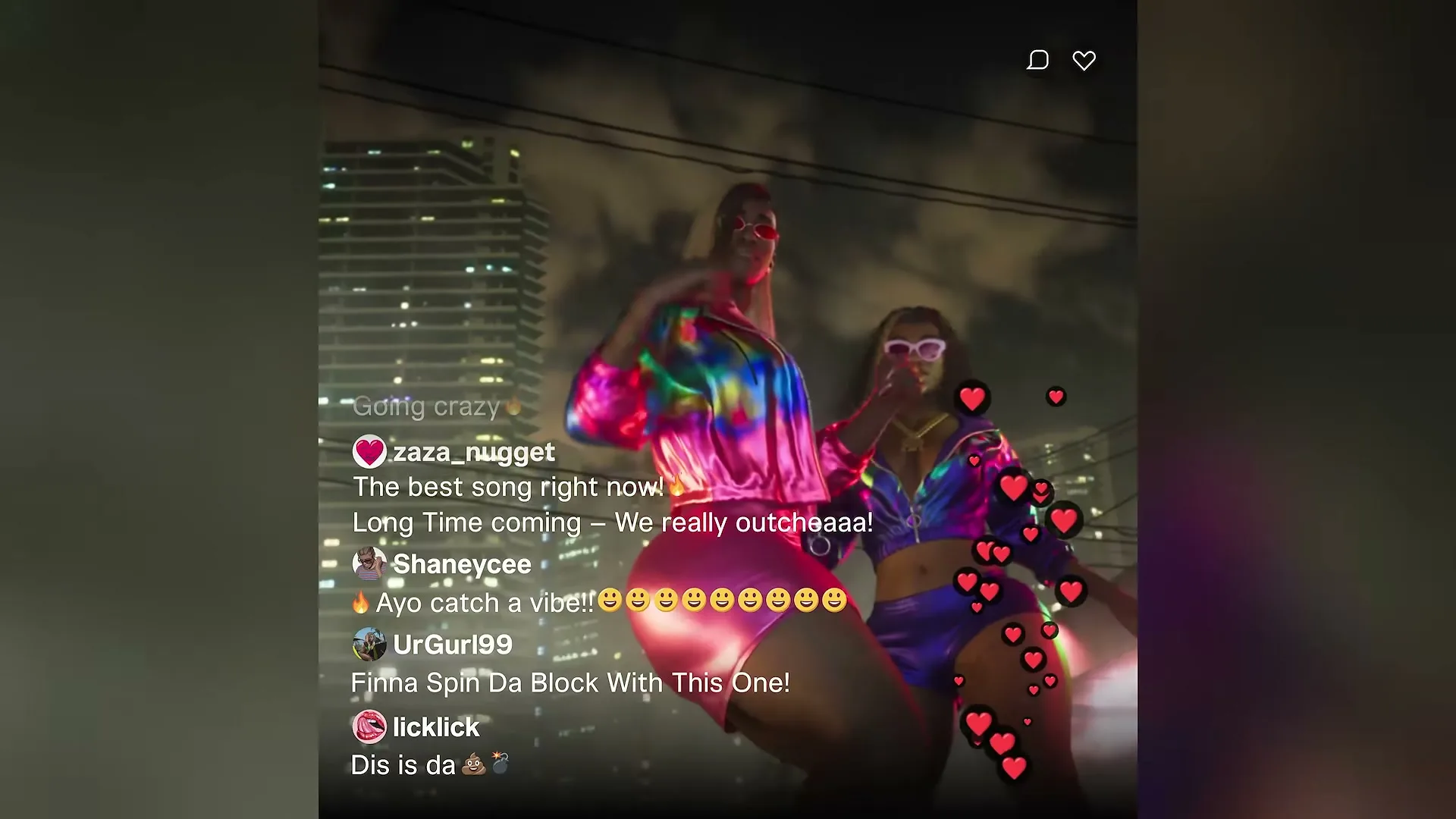 An in-game livestream of two dancers in neon outfits, with the chat scrolling beside them.