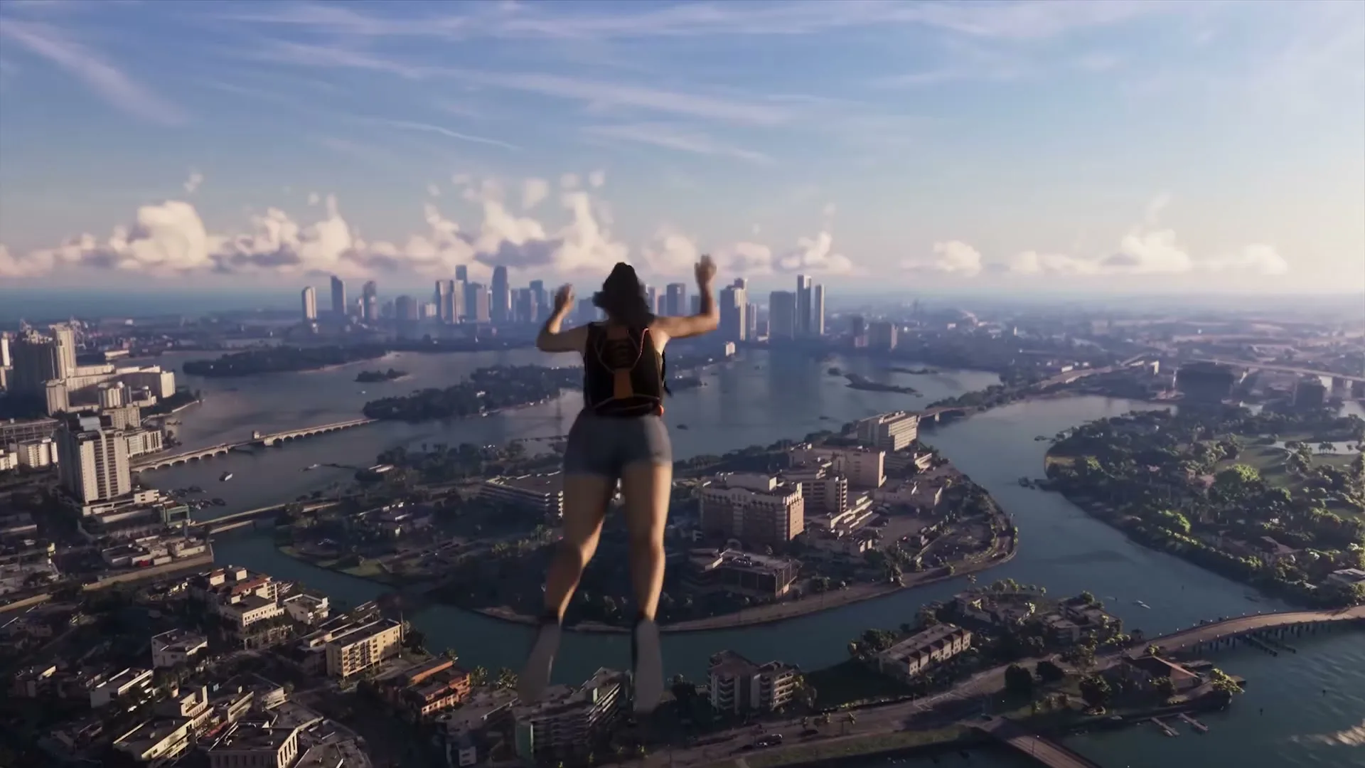 Lucia leaping into the sky above Vice City, arms raised, before a skydive.
