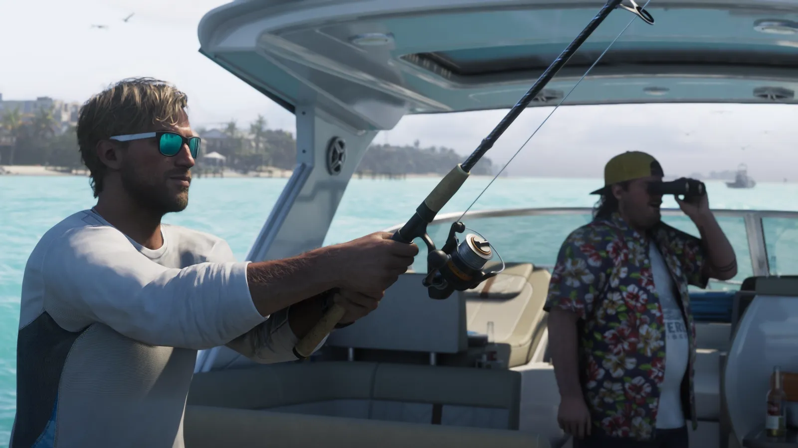 Jason fishing from a boat while Cal looks through binoculars.