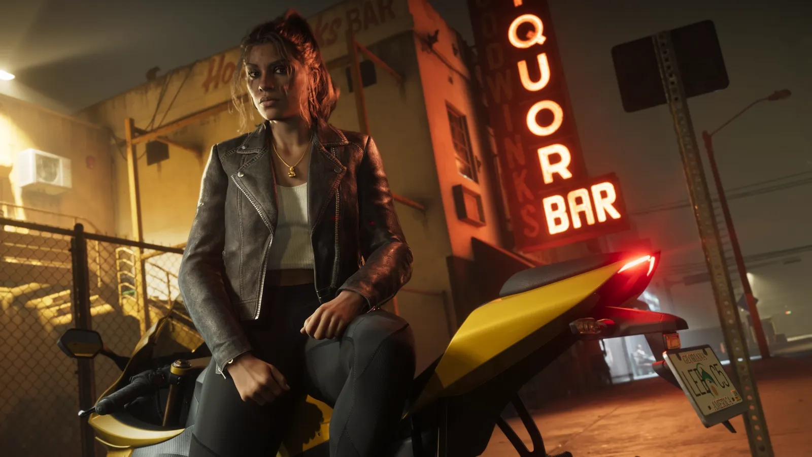 Lucia sitting on a motorcycle outside a neon liquor bar.