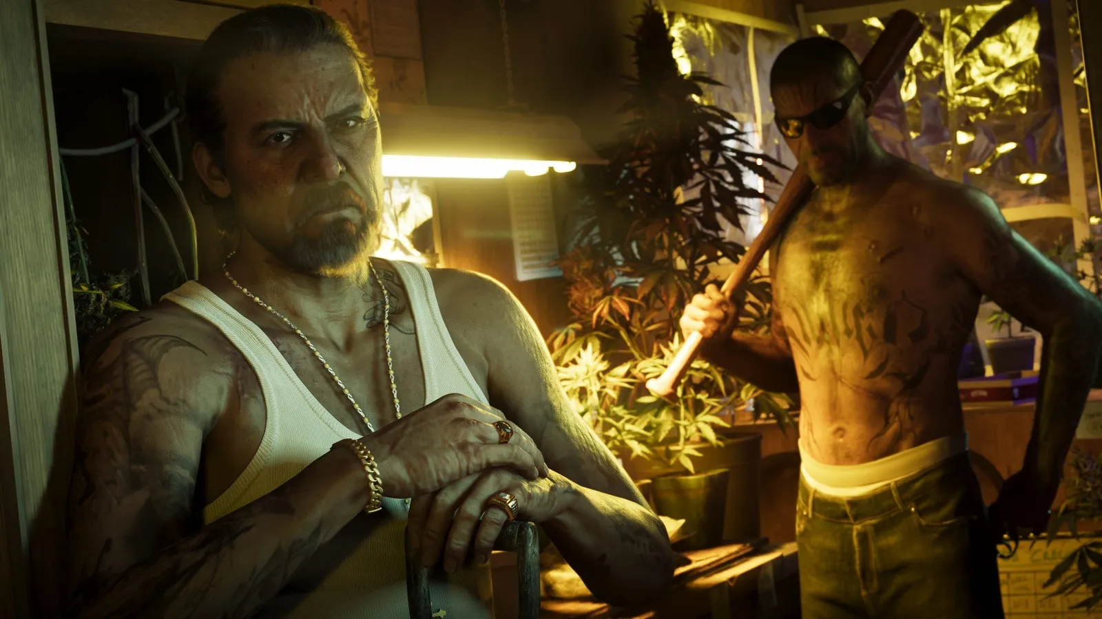 Man holding a baseball bat over his shoulder in a marijuana grow house, from an official GTA 6 screenshot