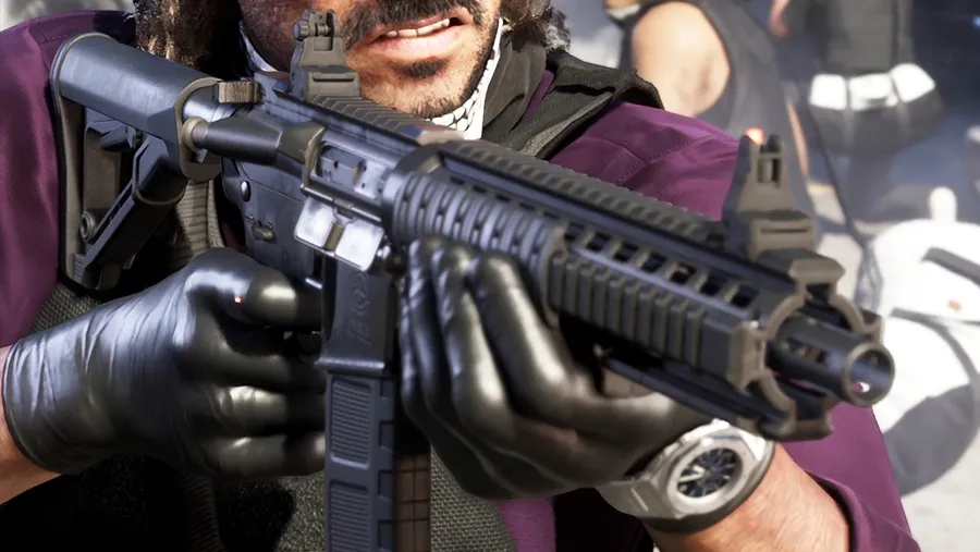 Close-up of a man in black gloves aiming a black AR-15-style carbine rifle, from an official GTA 6 screenshot