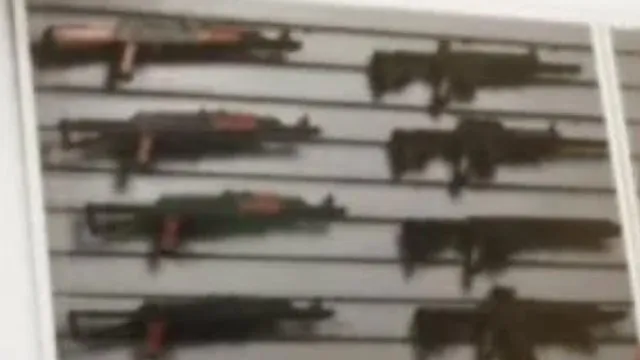 Rifles and shotguns racked on a gun store wall display, from an official GTA 6 trailer frame