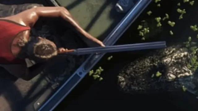 Overhead view of a woman aiming a double-barrel shotgun at an alligator in swamp water, from an official GTA 6 screenshot