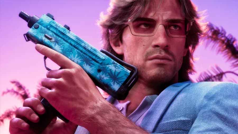 Man in sunglasses holding a compact submachine gun finished in a blue palm-leaf pattern against a pink sunset sky, official GTA 6 artwork