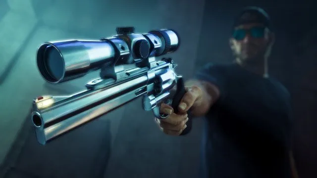 Close-up of a chrome scoped revolver pointed at the camera with a man blurred in the background, official GTA 6 Ultimate Edition artwork
