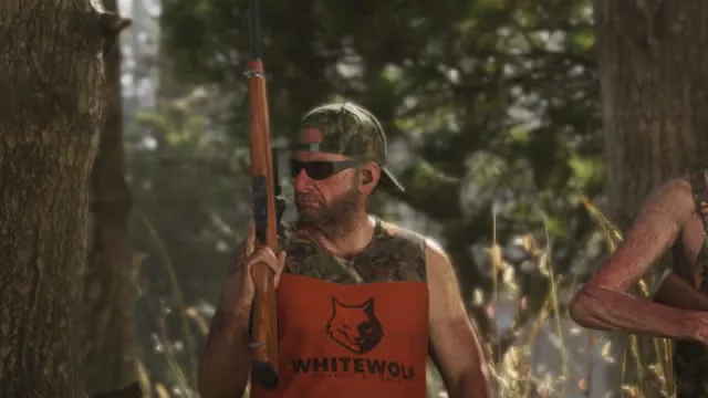 Hunter in camouflage holding a bolt-action rifle in a forest clearing, from an official GTA 6 screenshot