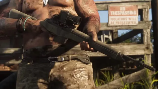 Shirtless tattooed man holding a scoped rifle in front of a No Trespassing sign, from an official GTA 6 screenshot