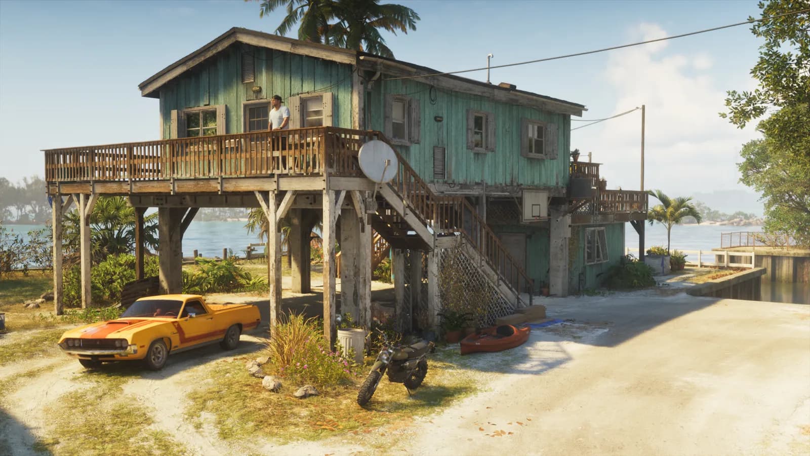The exterior of Jason's safehouse, with the Vapid Ganado, Dinka Enduro and Crest Kayak outside.