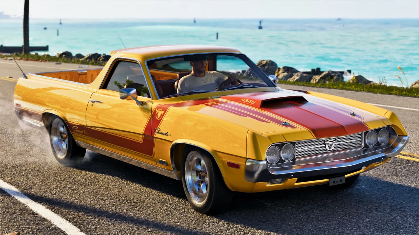 Jason driving his Vapid Ganado pickup with a yellow paint job and a red racing stripe.