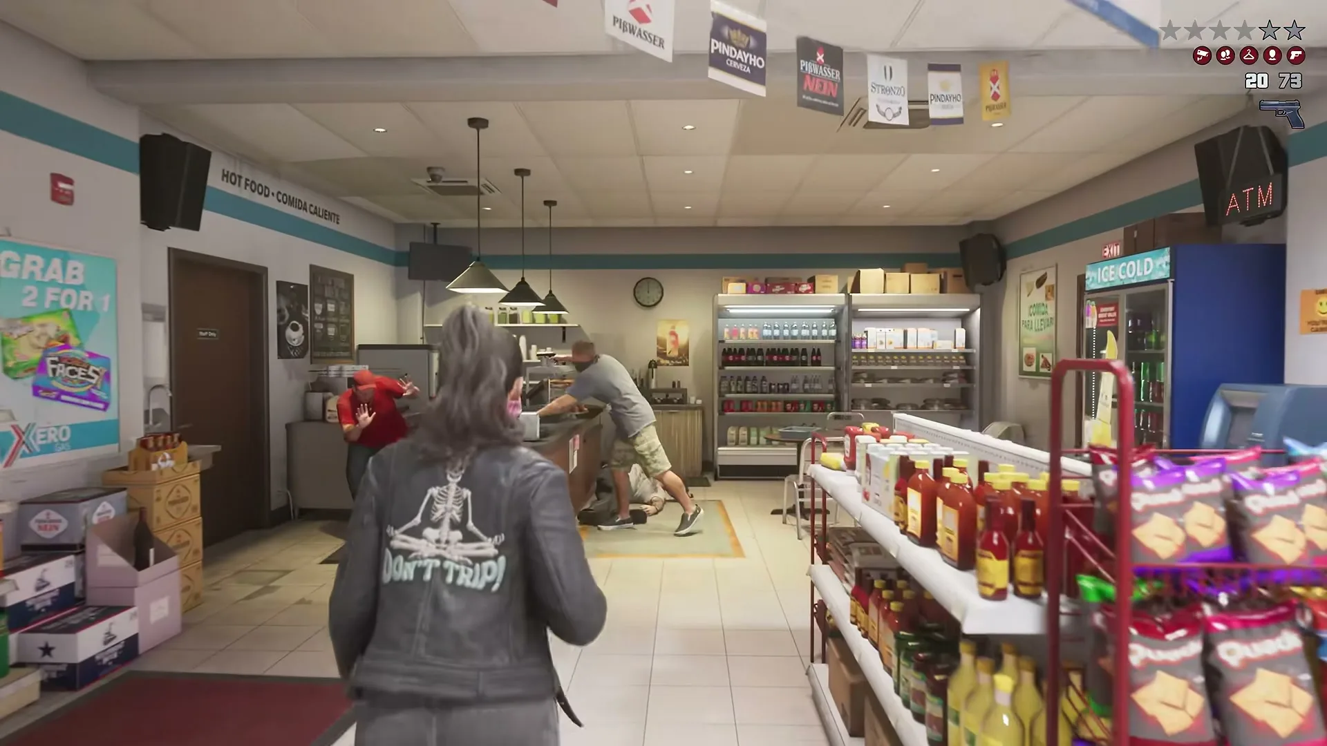 Lucia, gun drawn, walking into a corner store toward the counter, an ATM on the far wall.