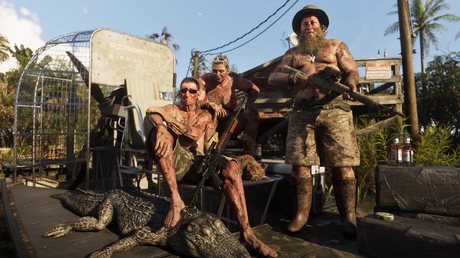 Three hunters covered in mud on an airboat with a dead alligator.
