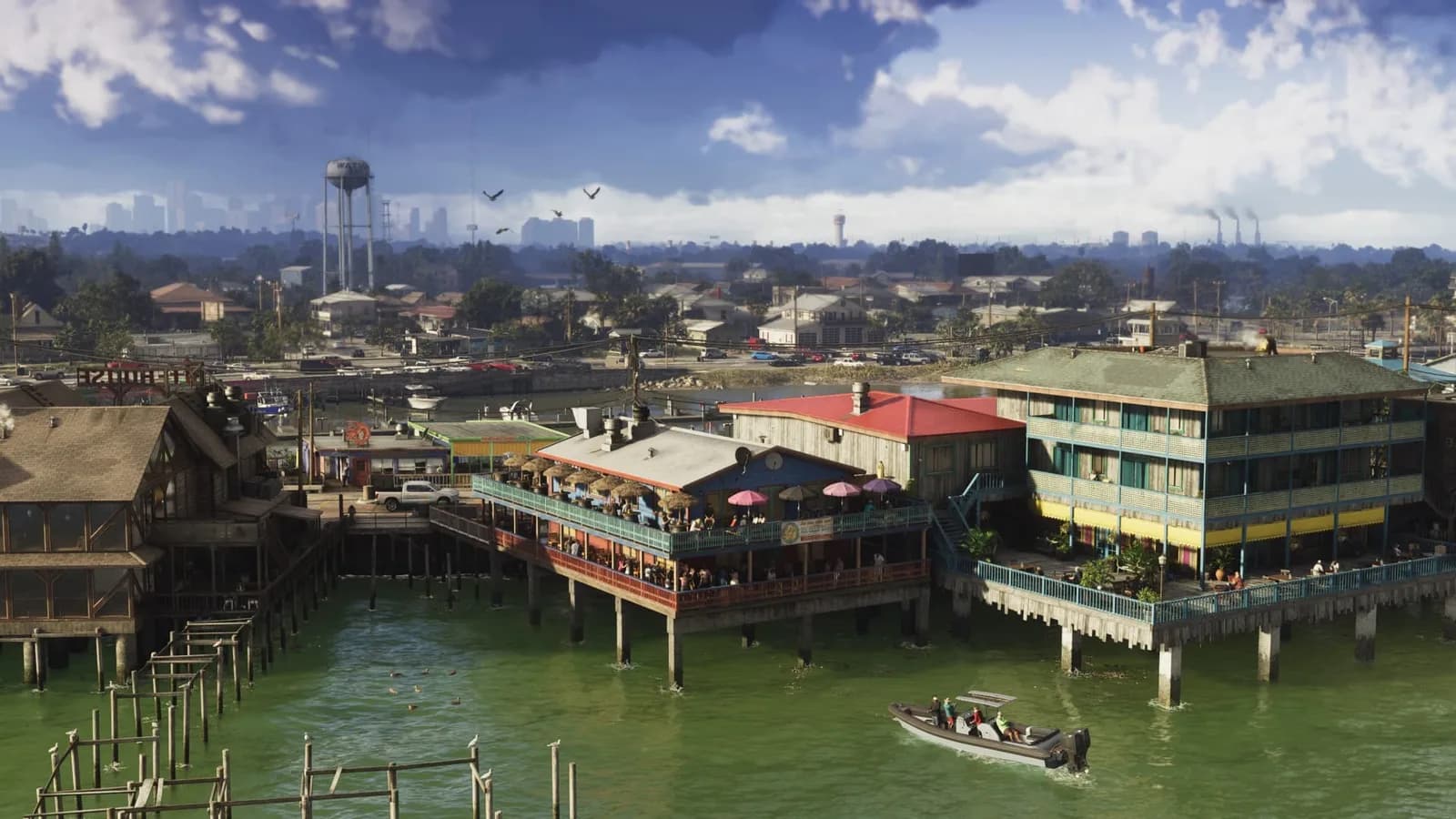 A speedboat heading for buildings on piers in the Grassrivers, the Vice City skyline in the distance.