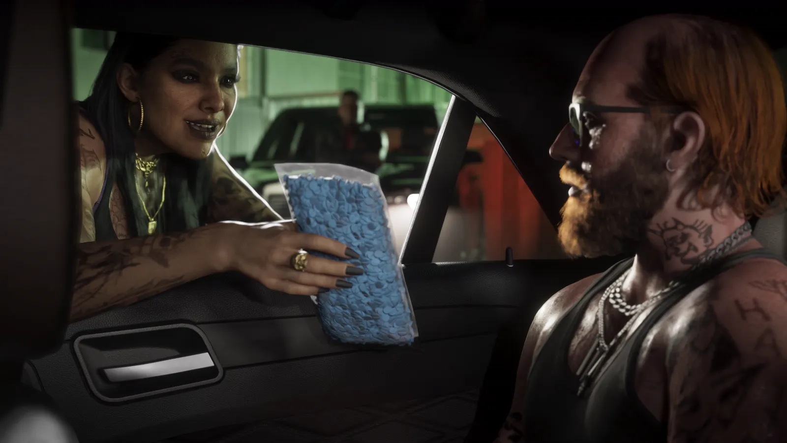 A woman in Port Gellhorn handing a package through a car window.