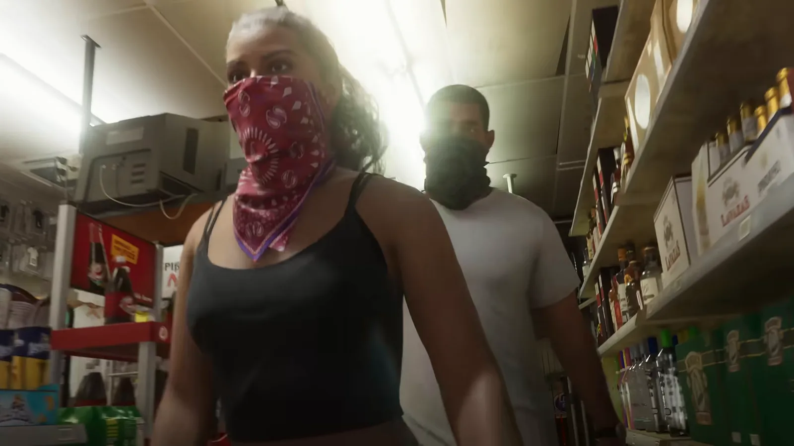 Lucia in a red bandana and Jason in a mask walking down a store aisle, from Trailer 1.
